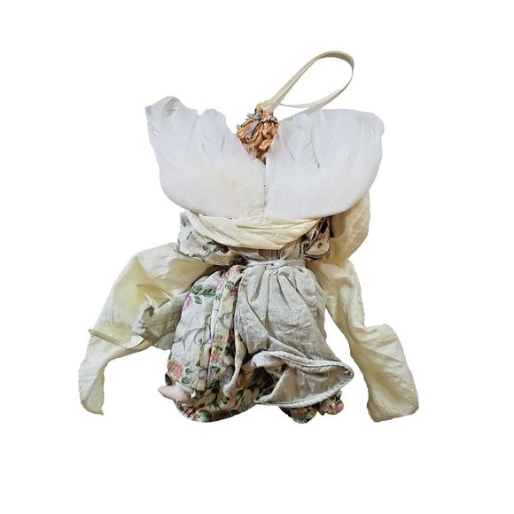 Vintage 80s Porcelain Victorian Winged Feathers Angel Doll Ornament 7.50” *FLAW* - Picture 3 of 4